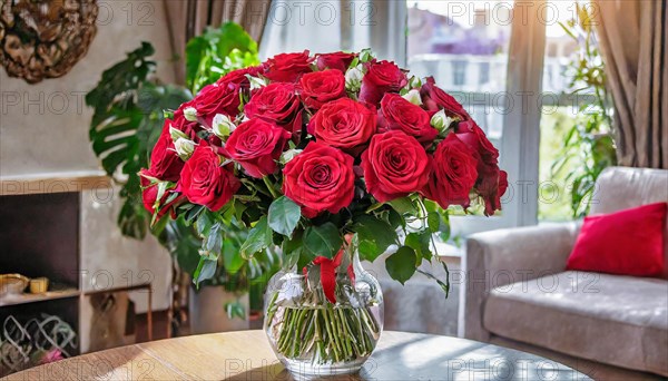 A large bouquet of red roses in a vase, stands on the table in the flat, AI generated, AI generated