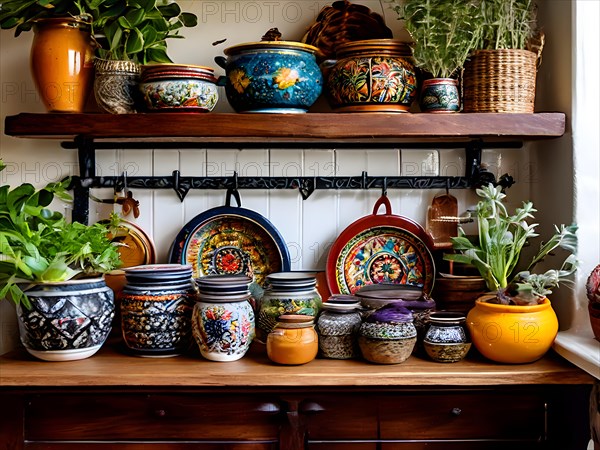 Boho kitchen shelf eclectic mix of colorful ceramic pots hanging cast iron pans shelves adorned, AI generated