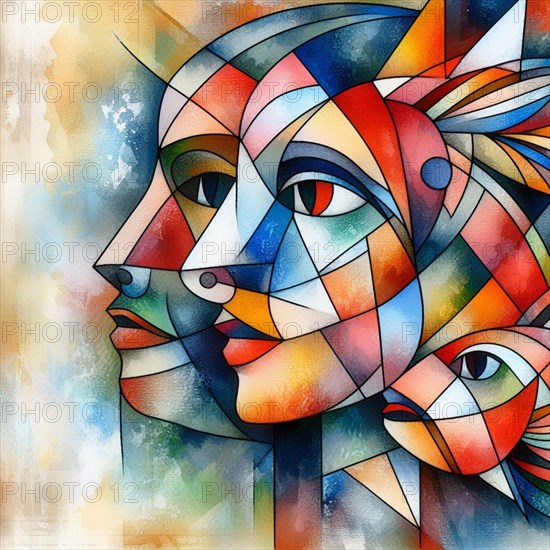 Colorful cubist depiction of a woman's profile intertwined with fish motifs, square aspect, AI generated