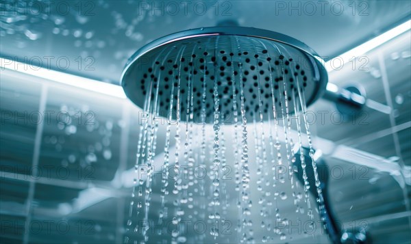 Blue-tinged water sprays from a shower head, evoking a refreshing feeling AI generated
