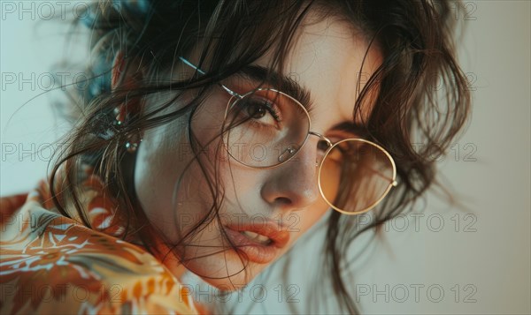 Close-up of a contemplative woman with windblown hair and patterned shirt AI generated