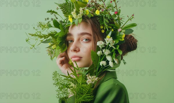 A woman with a lush floral headpiece evokes a sense of tranquility against a green background AI generated