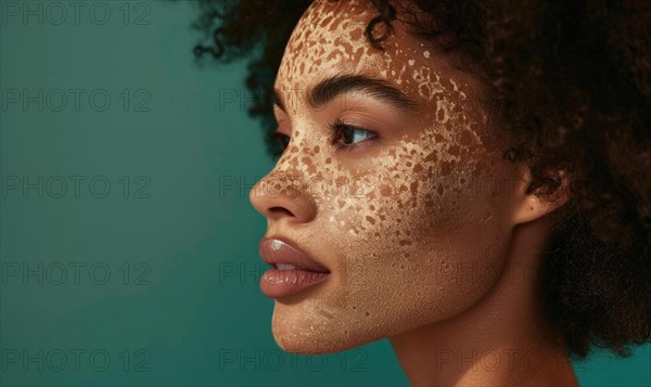 Profile view of a woman showing her freckles with a teal background AI generated
