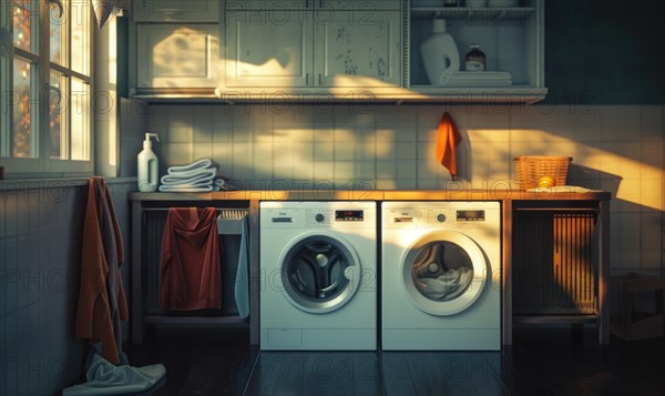 Laundry room interior with washing machine and clothes AI generated