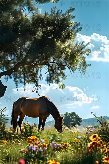 Horse grazing under the summer sun, AI generated