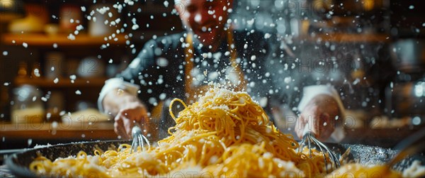 Italian Chef joyfully preparing a mountain of pasta with an enthusiastic flair in the kitchen, AI generated