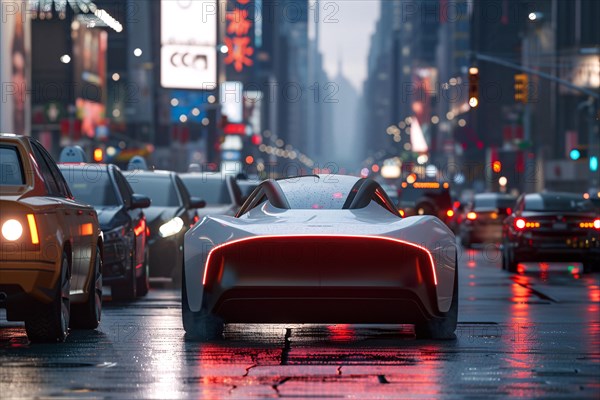 Futuristic sports car on a vibrant city street at night with reflections on wet asphalt, AI generated