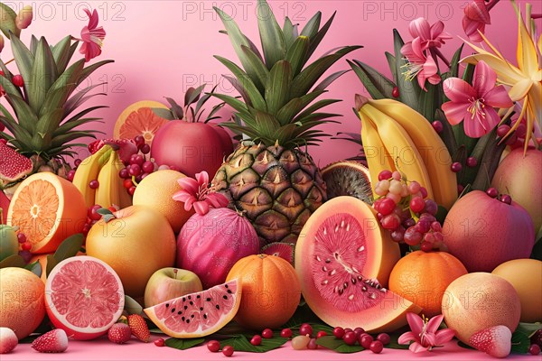 Assorted colorful fruits on a pink backdrop with orchid flowers, evoking a lush and fresh feel, illustration, AI generated