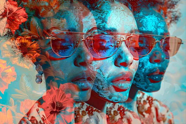 Artistic double exposure of a woman with vibrant floral patterns and blue skin, illustration, AI generated