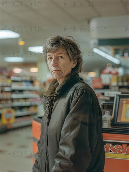 A person standing thoughtfully in a grocery store aisle, conveying a slice of daily life, AI generated