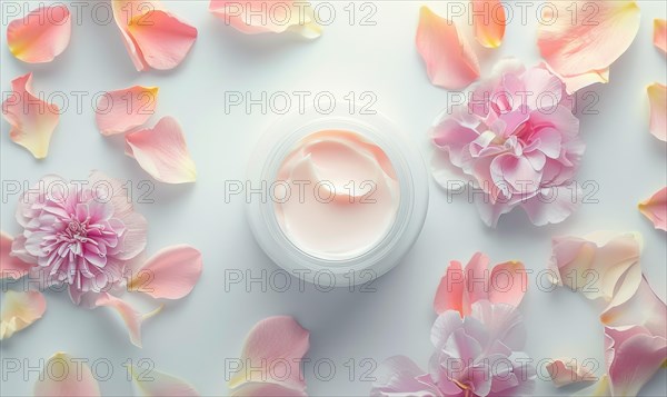 Blank creme jar mockup encircled by pastel flower petals on a white background, top view AI generated