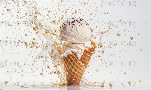 Ice cream cone explosion on white background AI generated