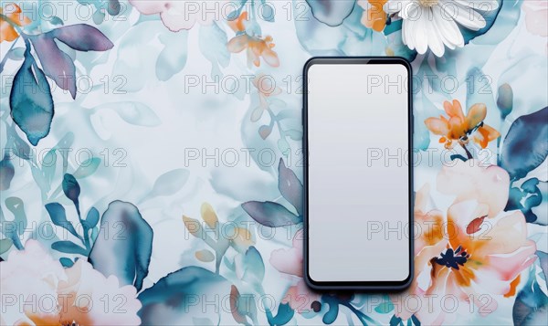 Smartphone mockup on watercolor floral patter AI generated