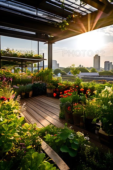 Urban rooftop garden brimming with verdant plants blossoming flowers embodying a sustainable city, AI generated