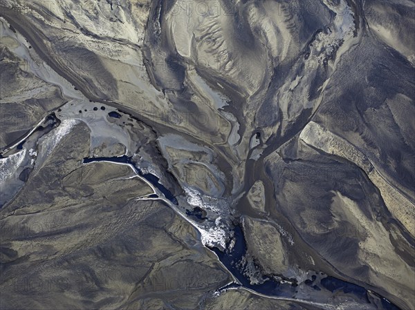 Overgrown river landscape, Eldhraun, near Kirkjubaejarklaustur, drone image, Sudurland, Iceland, Europe