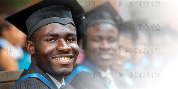 A cheerful young african american man in a blue graduation gown and cap, smiling proudly during the ceremony at university campus, AI generated