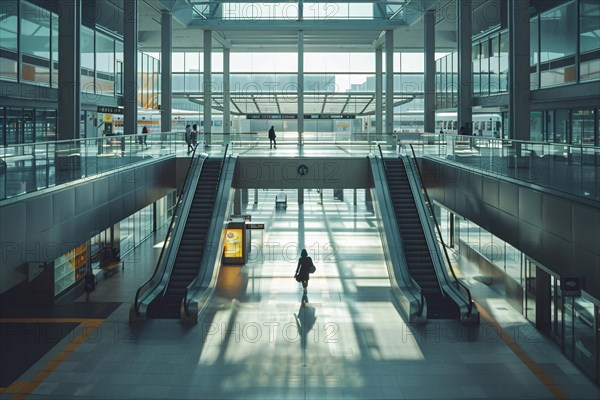 Traveler descending an escalator in a modern, spacious airport terminal, AI generated