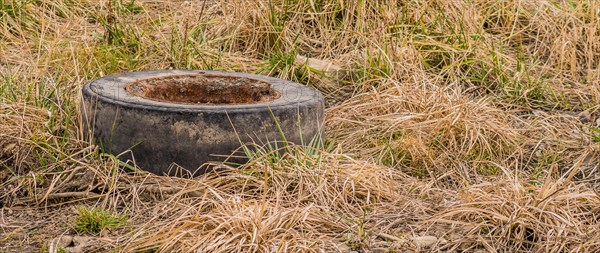 A weathered tire half-buried in overgrown, dry weeds, in South Korea