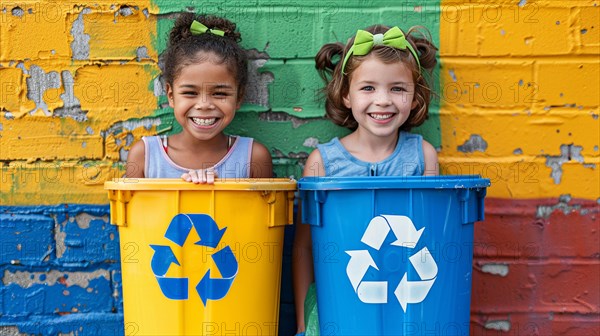Two happy children standing behind yellow and blue recycling bins against a colorful wall, waste separation and waste reduction and recycling concept, AI generated