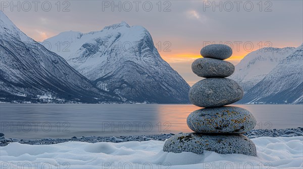 Zen stones balanced in front of a snowy mountain landscape and calm lake, relaxation, recreation, serenity, naturalness, meditation, enjoyment concept, AI generated