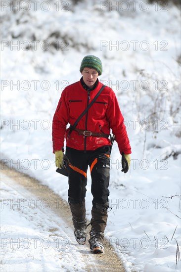 Wild boar (Sus scrofa) Hunting assistant, so-called driver, in safety clothing, Allgaeu, Bavaria, Germany, Europe