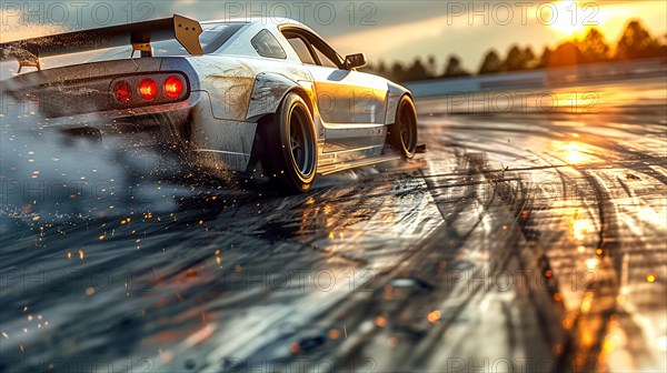 High-speed sports car drifting on a wet track at dusk with water reflections on asphalt, AI generated