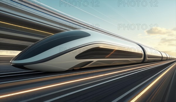 Modern train with a futuristic design speeding on rails with motion blur effect, ai generated, AI generated