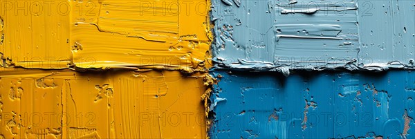 Abstract art with perpendicular brush strokes in yellow and blue creating texture, banner 3:1 wide style, horizontal aspect ratio, AI generated