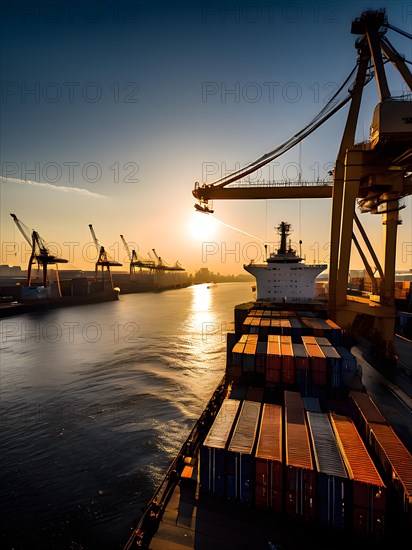 Seaport cranes welcoming arms at twilight, AI generated