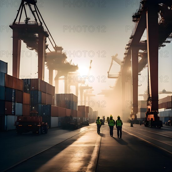 Bustling container terminal capturing the scene from the inner depths as colossal cranes, AI generated