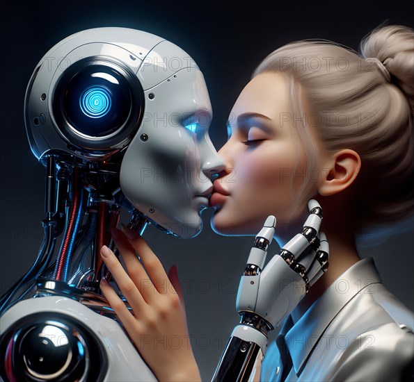 A humanoid robot and a human woman kissing, symbolic image cybernetics, science fiction, technology, love, emotion, AI generated, AI generated