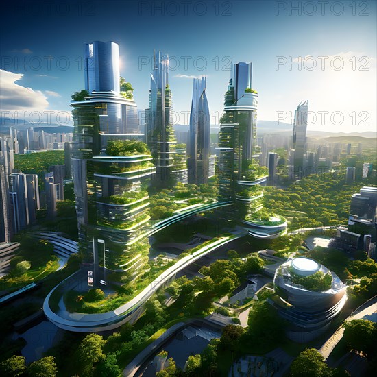 Conceptual futuristic sustainable city replete with green rooftops and integrated solar panels, AI generated