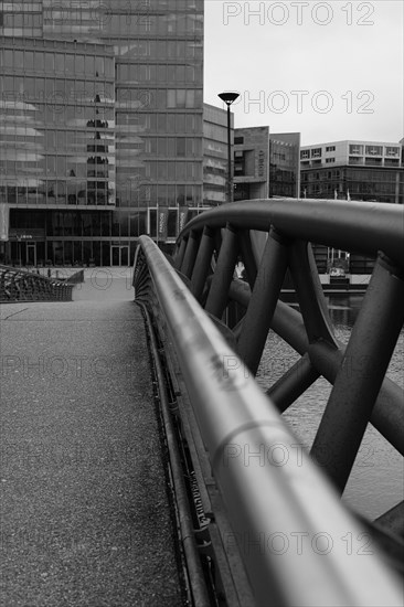 Building and bridge in the Mediapark, black and white, Cologne, Germany, Europe