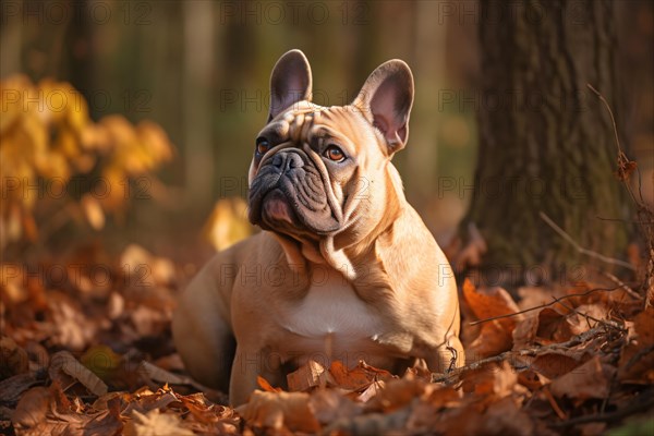 French Bulldog dog in autumn forest with colorful leaves. KI generiert, generiert, AI generated