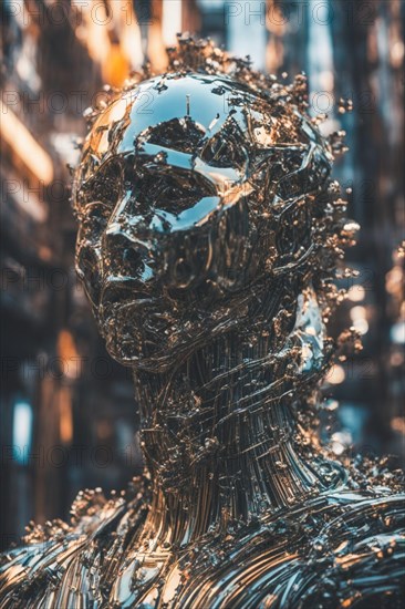 Serene head sculpture with a detailed chrome texture and reflective surfaces, evoking a futuristic feel, ray tracing 3d style AI generated