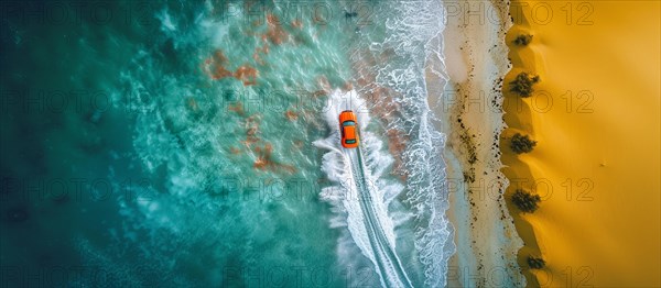 Aerial shot of a car driving along the beach, where yellow sand meets the teal ocean, action sports photography, AI generated