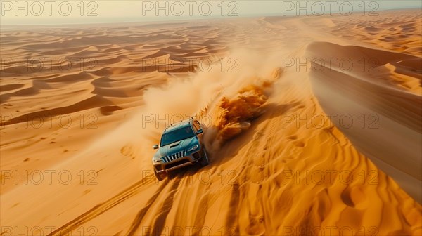 An SUV racing through a the dunes in desert landscape, leaving a vast trail of dust and sand behind, action sports photography, AI generated