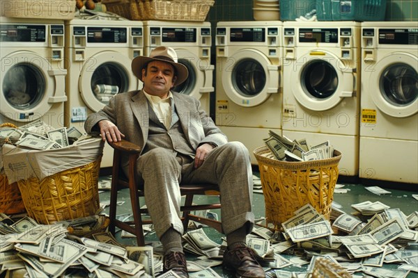A man in an elegant suit sits relaxed on a chair, surrounded by washing machines and bundles of banknotes, symbolising money laundering, illegally obtained money, AI generated, AI generated, AI generated