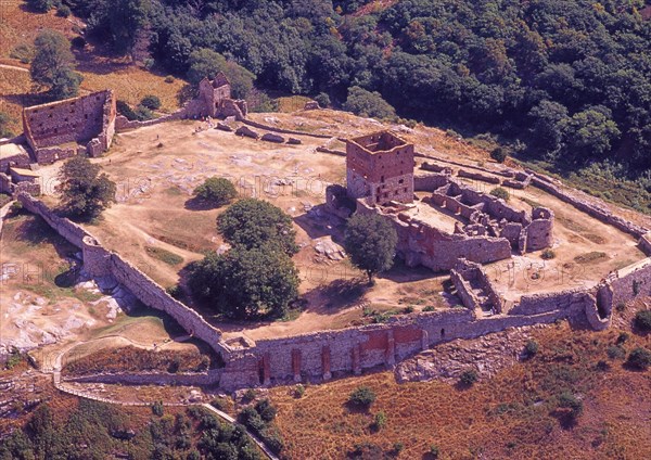 Aerial view of Hammershus, which was Scandinavia's largest medieval fortification and is one of the largest medieval fortifications in northern Europe. Now a ruin and located on the island of Bornholm, Denmark, Baltic Sea, Scandinavia. Scanned 6x6 slide, Europe