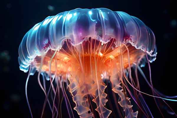 Deep sea jellyfish glowing with bioluminescence intricate patterns illuminating the dark sea, AI generated