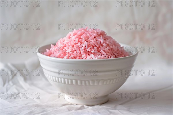 Pink lab-made meat-rice hybrid in bowl. KI generiert, generiert, AI generated