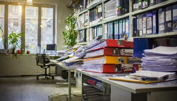 A busy office full of piles of documents and folders on shelves with a focus on organisation, symbol bureaucracy, AI generated, AI generated