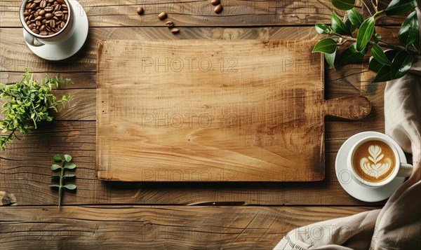 Top view of a rustic wooden cutting board with a coffee cup and latte art, surrounded by greenery AI generated