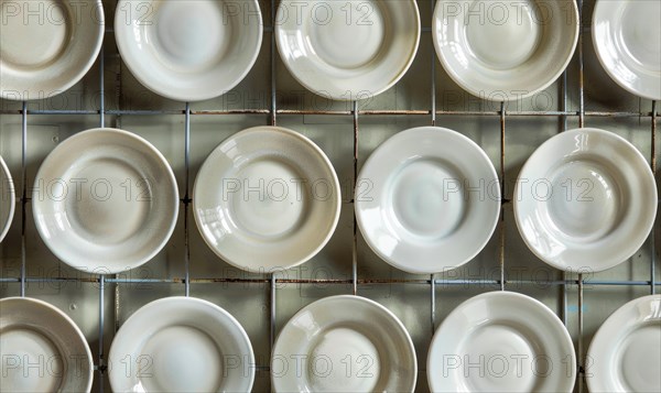 Neatly arranged white ceramic plates in a grid pattern, showing uniformity and cleanliness AI generated