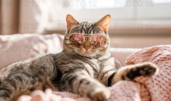 Relaxed striped cat wearing pink sunglasses lying on a cozy knitted blanket AI generated