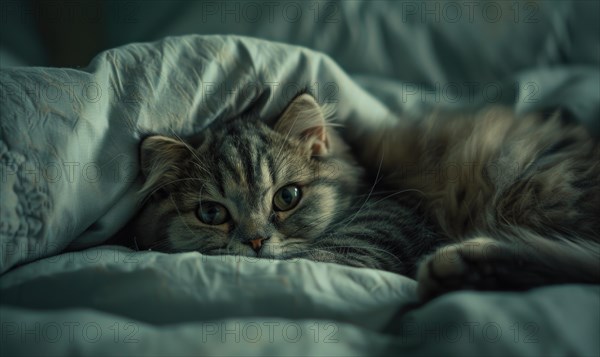 A relaxed cat lying comfortably on a bed in a cozy environment AI generated
