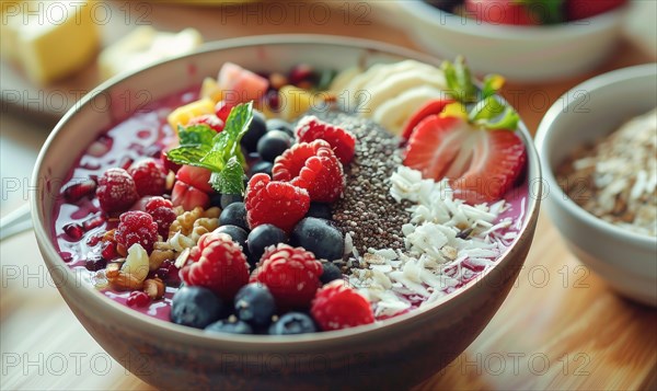 Nutritious acai bowl topped with various berries, seeds, and coconut shavings AI generated
