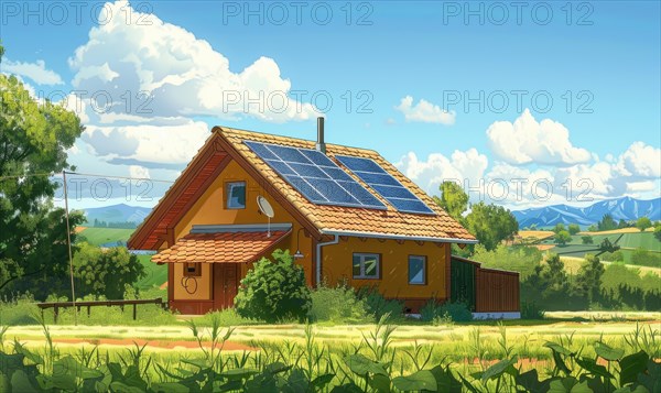 Rural eco-friendly cabin with solar panels in the fields with mountains in the background AI generated
