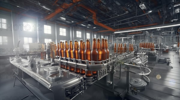 Beer production at the factory, conveyor belt with bottles of beer, AI generated