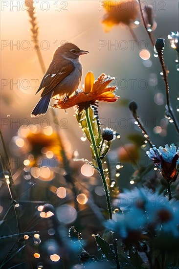 Wildflowers dotted with dewdrops sharp focus on a sparrow bird perched delicately among the petals, AI generated